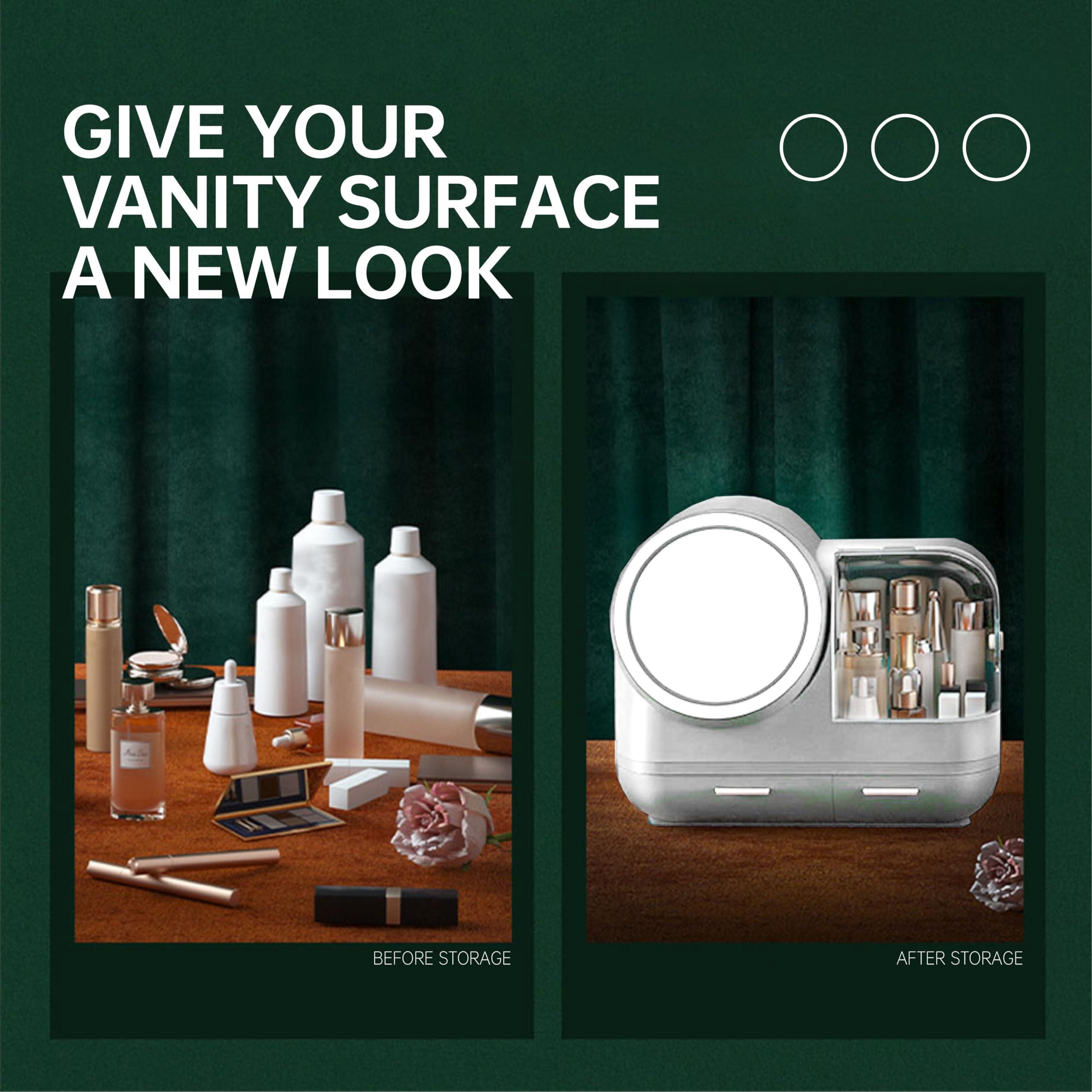 FEOKUMO Makeup Organizer Holder with Mirror and Light, Portable Cosmetic Display Case, Great for Bathroom Countertop Bedroom Dresser (white)