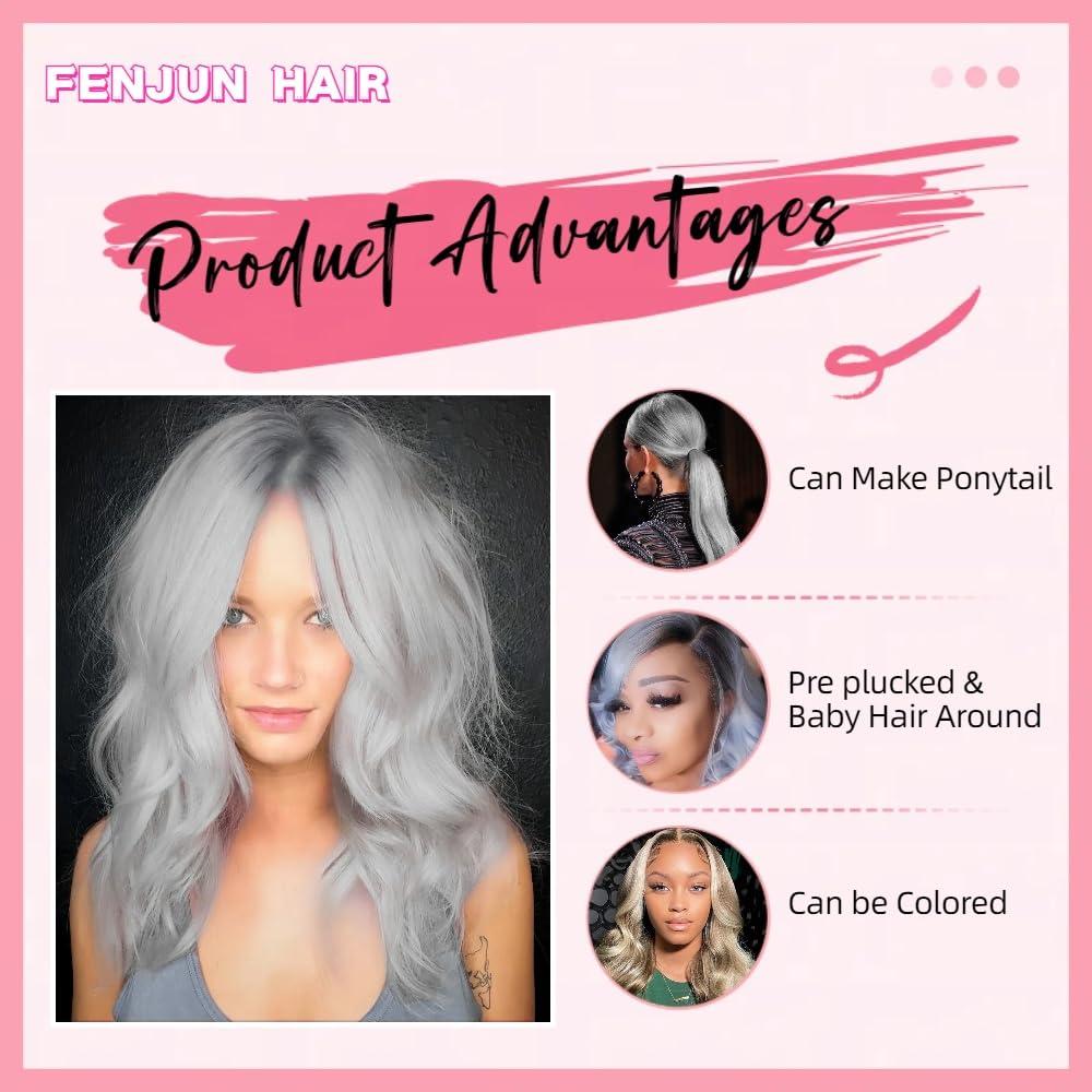 FENJUN HAIR FENJUN HAIR Ombre Silver Grey Wig Human Hair Dark Roots Wet and Wavy Lace Front Wigs for Black Women Body Wave Ash Blonde Wig Glueless Pre plucked Ombre Gray Wigs for White Women 150% Density 14 Inch