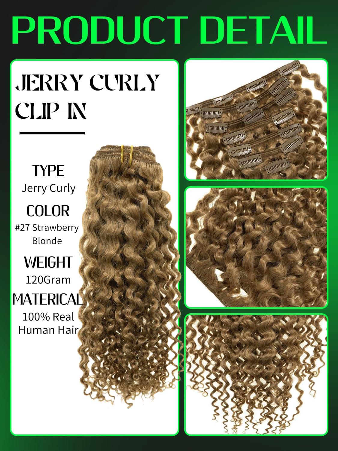 Anrosa Anrosa Clip in Human Hair Extensions Jerry Curly Full Head 3B 3C Curly Clip In Hair Extensions Strawberry Blonde Remy Human Hair Curly Hair Extensions for Black Women 18 Inch 120g 7 Pieces