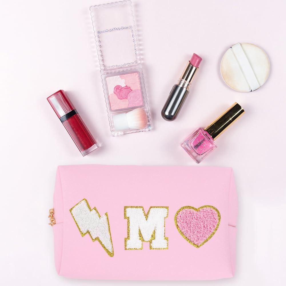 OEIPSMK OEIPSMK Personalized Makeup Bag Initial Chenille Letter Patch Cosmetic Bag Preepy Small Makeup Pouch Waterproof Leather Travel Toiletry Bag Monogram Make Up Pouch Birthday Gifts for Women, Medium