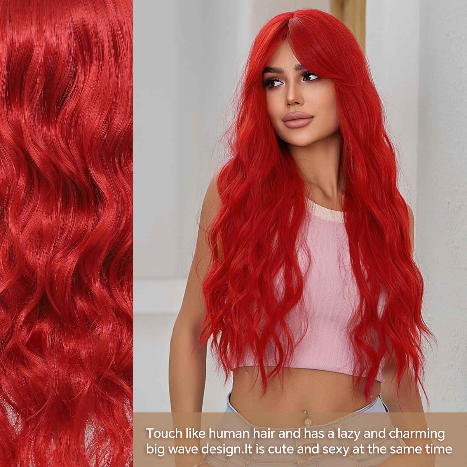 Drehande Drehande Red Lace Front Wig Synthetic Lace Front Wig Body Wave Heat Resistant Hair 13x4x1 T-part Lace 26 Inch Pre-plucked Glueless Lace Wigs for Women (Red, 26Inch)
