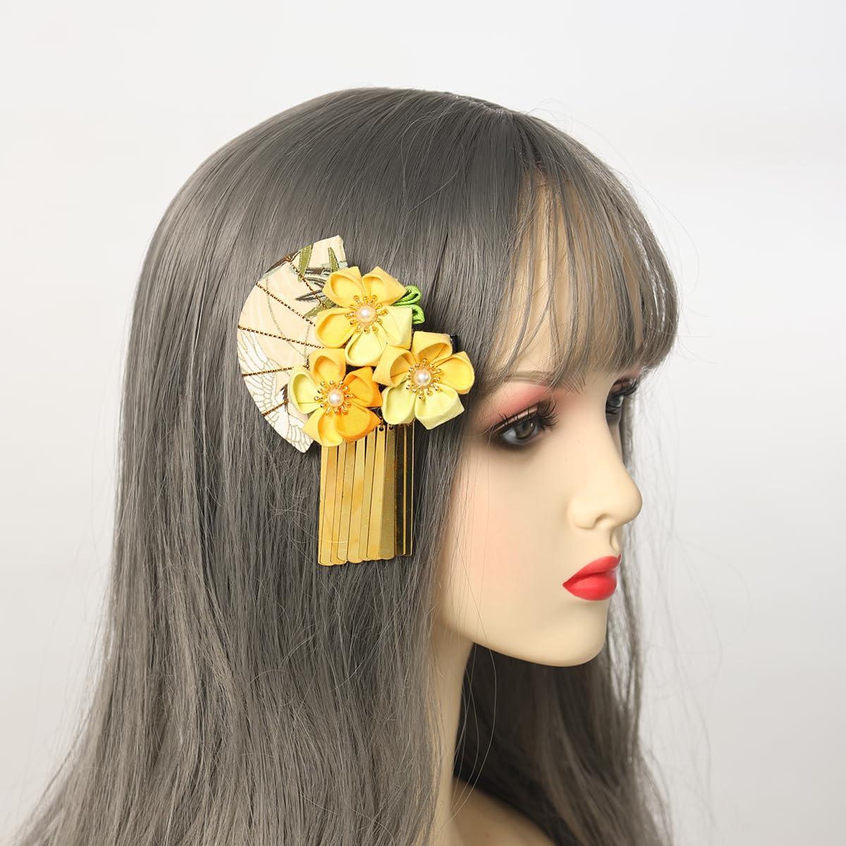 CAMDOM 2Pcs Womens Japanese Kimono Flower Hair Clips Tassel Hair Hairpins Traditional Kanzashi Hair Accessories Set