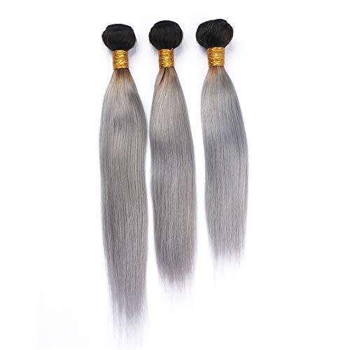 Generic Silver Grey Ombre Straight Human Hair Bundles Dark Roots Virgin Peruvian Human Hair #1B/Grey Ombre Weave Bundles 3Pcs Black to Grey Ombre Virgin Hair Weft Extensions 10-30" (14 16 16)