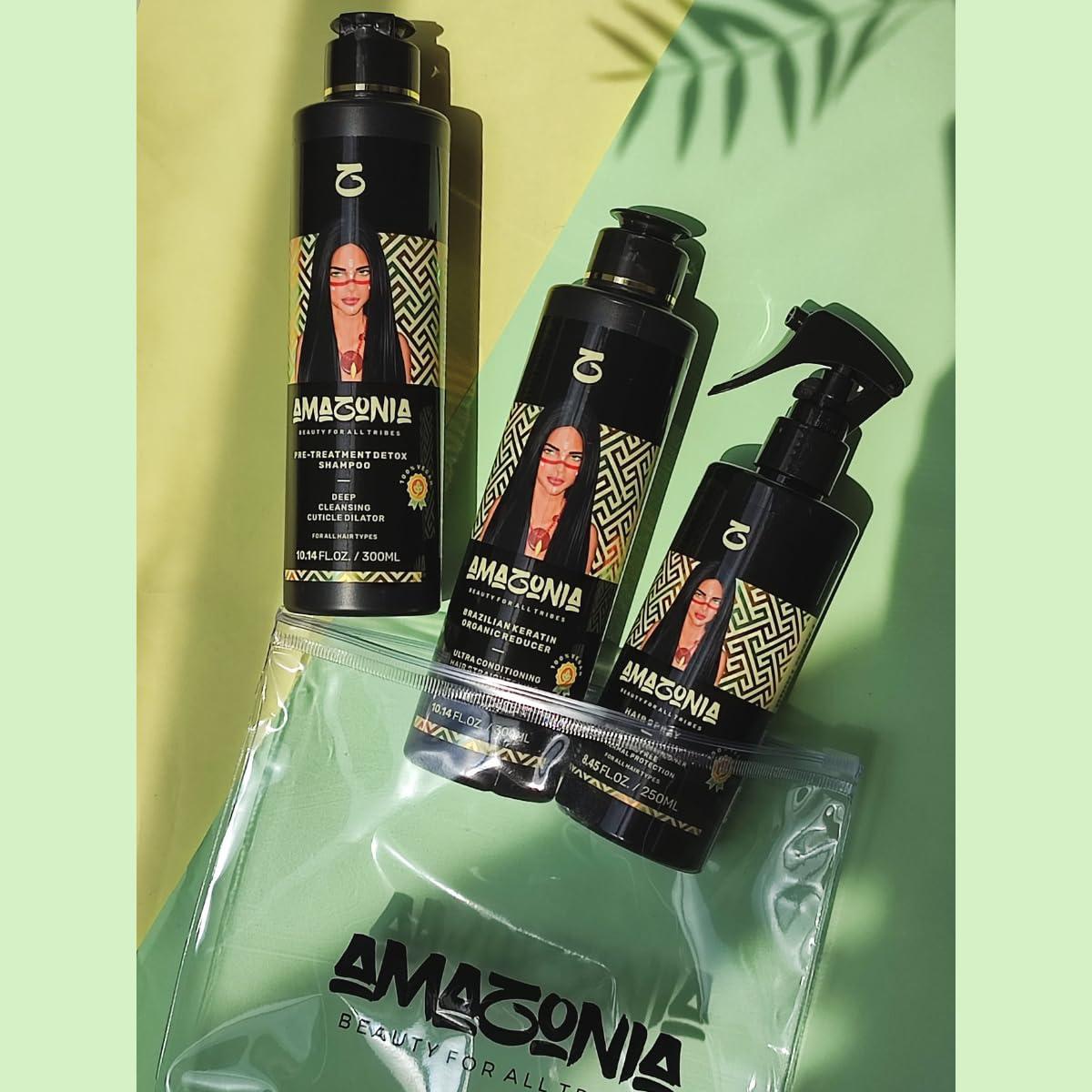 AMAZONIA BEAUTY FOR ALL TRIBES Organic Brazilian Keratin Hair Treatment Kit | Beauty For All Tribes | 3 Products: Pre-Treatment Detox Shampoo | Keratin Reducer Straightening Anti-Frizz | Multifunction Finishing Spray