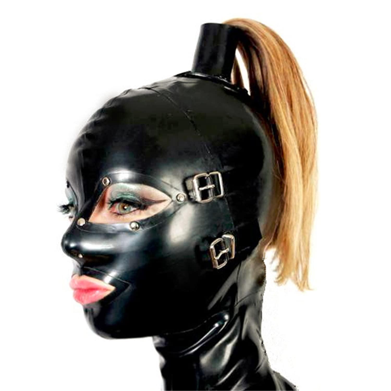 LatexFetish Black Latex Hood Mask with Blond Ponytail Wig and Removable Blindfold and Mouth Piece Back Zipper Open Eyes Mouth Nose (with blond wig, XX-Large, with flat mouth piece)