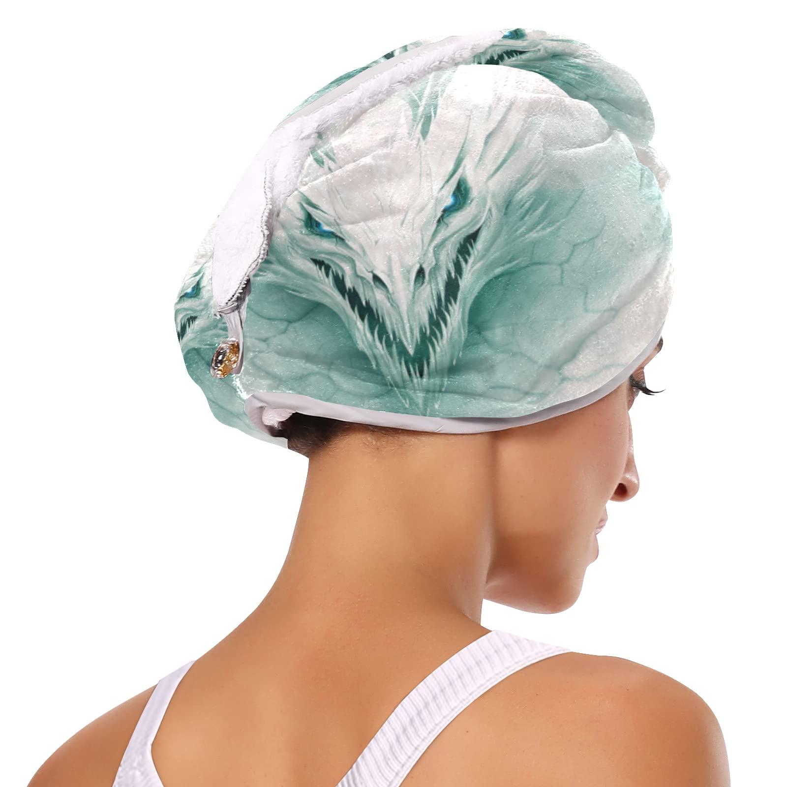 Poeticcity White Ice Dragon in White Stone Digital Painting Ripped Pattern 2 Packs Hair Towel Wrap, Absorbent Turban Bath Hair Towel Hat, Quick Drying Hair Towel with Button for Curly, Long, Thick Hair