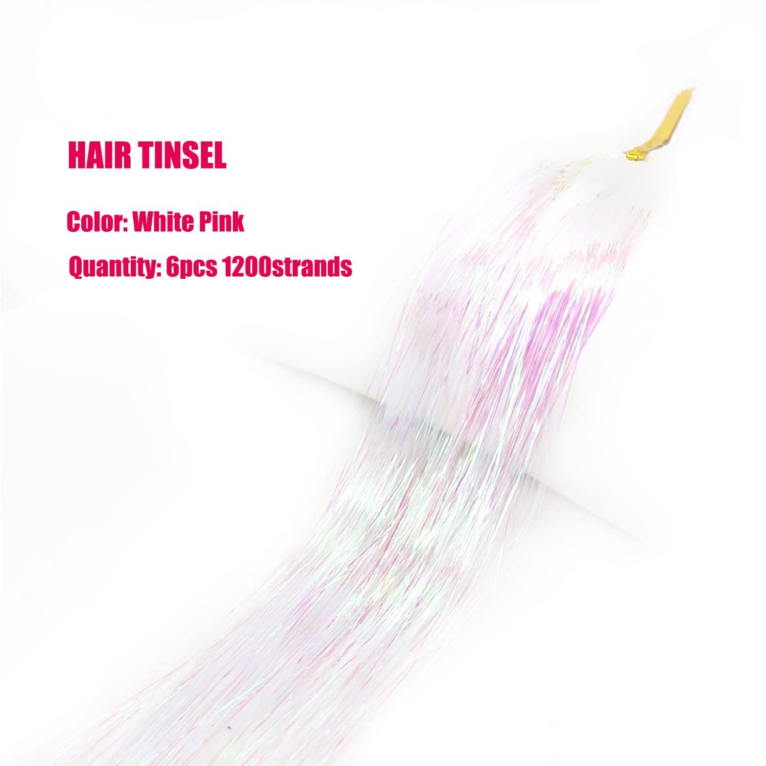 YOOONXI White Pink Hair Tinsel Kit with Tool 6pcs 1200 Strands Glitter Tinsel Hair Extensions Heat Resistant Sparkling Shiny Fairy Hair Accessories for Women Girls Kids 47Inch