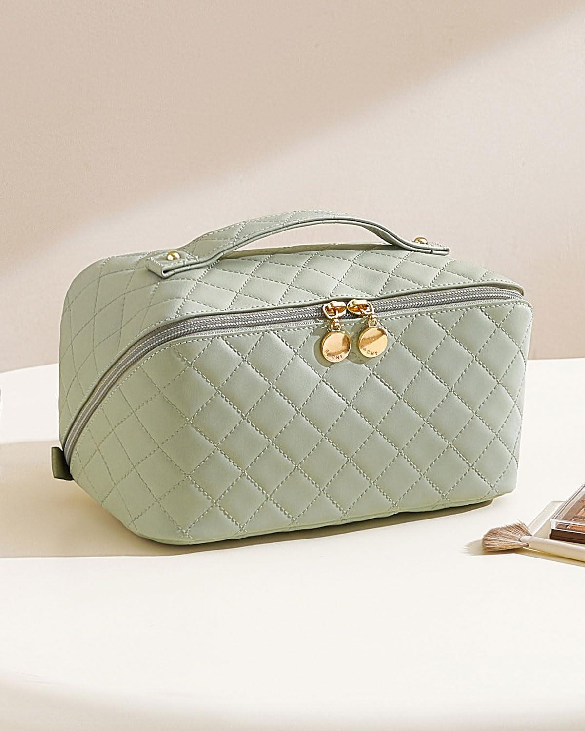 EACHY EACHY Travel Makeup Bag, Large Capacity Cosmetic Bags for Women, Waterproof Portable Open Flat Toiletry Bag Make up Bag with Divider and Handle, Gifts for Women (F-Green, Medium)