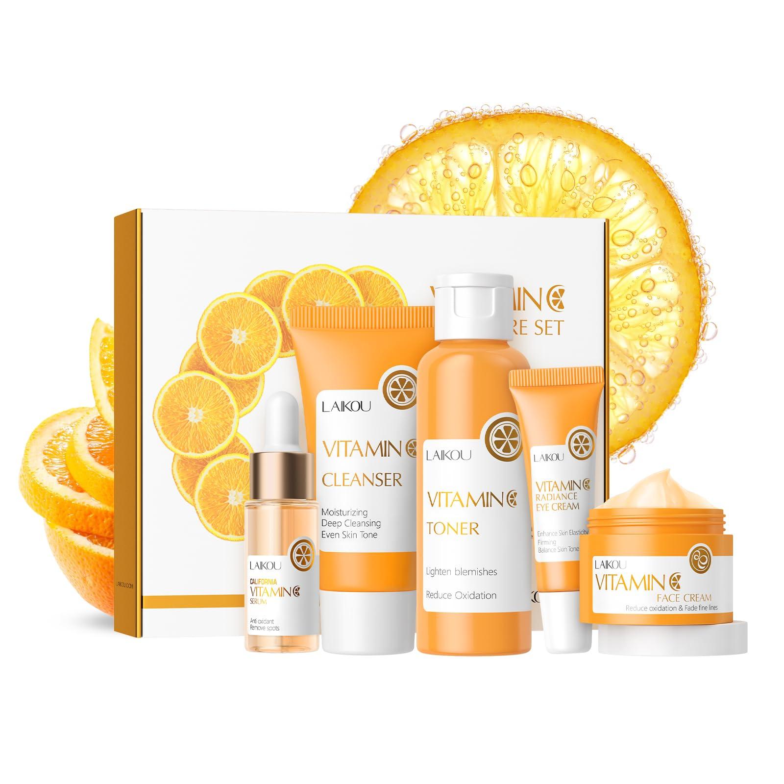 LAIKOU LAIKOU Skin Care Set Vitamin C Women Beauty Gift Sets Skin Care Kit with Cleanser, Toner, Serum, Eye Cream, Face Cream Travel Kit for Women Teen Girls Mom Daughter Birthday TSA-friendly Sizes 5pcs