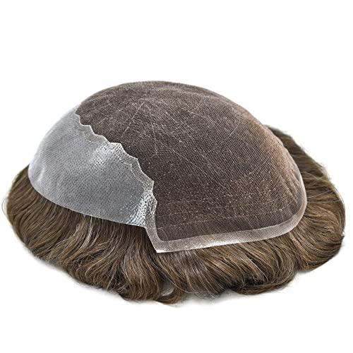 Generic Lace Front Toupee For Men Swiss Lace Front With Poly Skin Hair Pieces For Men Human Hair Wigs All Hand Tied Bleached Knots Natural Looking Lace Front Mens Toupee Mixed Gray Hair Units For Men US Stock. (7X9\"-100% Light to medium Density, 510# Medium