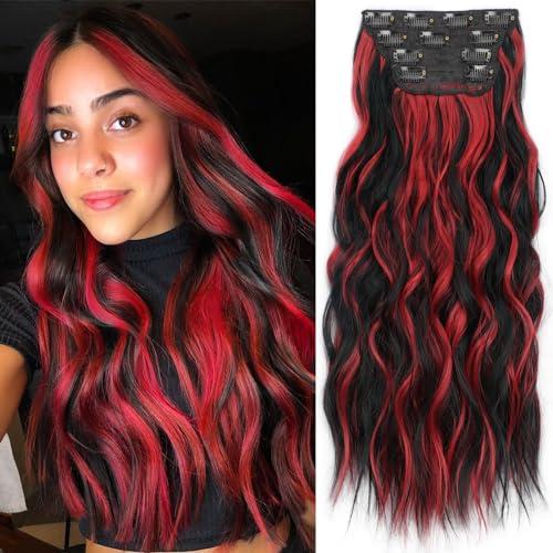 KooKaStyle KooKaStyle Hair Extensions Black Hair with Red Highlights Clip in Synthetic Highlight Hair Extensions Long Wavy 4PCS Thick Hairpieces 20 Inch for Women