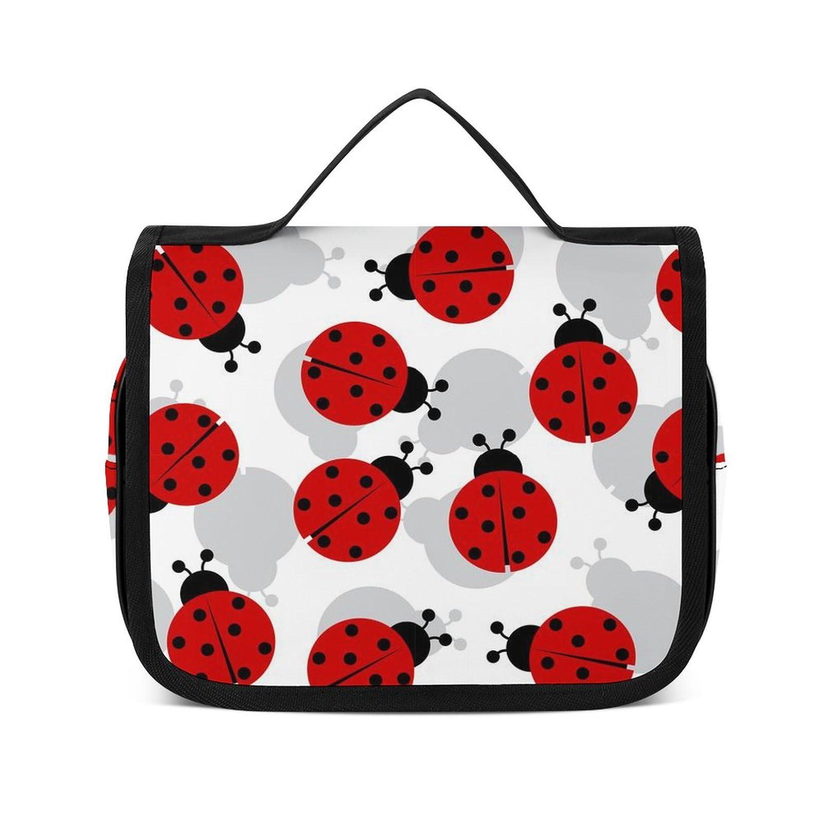 Meaudiwes Travel Hanging Toiletry Bag, Makeup Bag, Organizer Extra Large Toiletries Bag, Multifunction Cosmetic Bag For Women Men Compatible with Red Black Dots Ladybugs Pattern