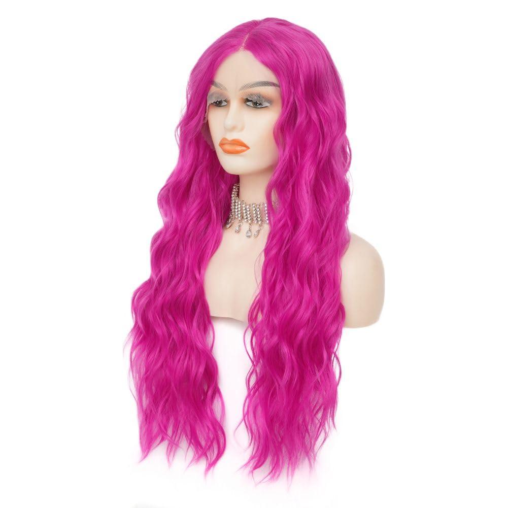 Siudus Siudus Hot Pink Lace Front Wigs for Women Long Curly Wavy Wig Middle Part Synthetic Fibre Halloween Cosplay Wig