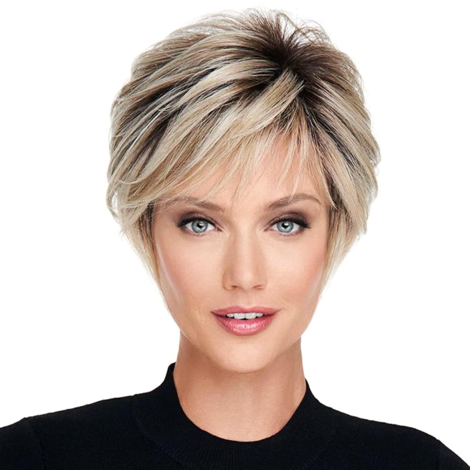 Happy Cherry Happy Cherry Human Hair Wigs with Bangs Blonde Short Wigs for White Women Layered Shaggy Synthetic Wig Mom Wigs Ombre Hair Wigs with Cap Comb