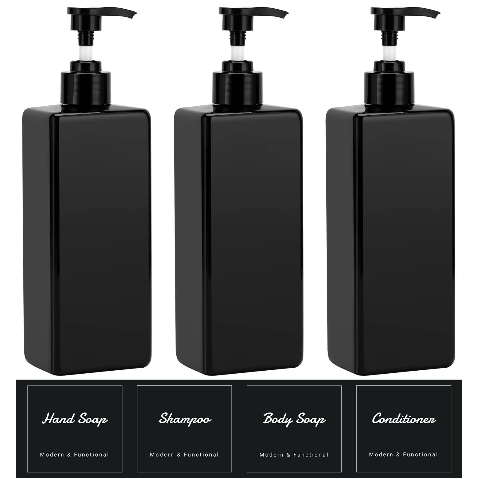 SUREAM Suream Shampoo and Conditioner Dispenser Set, 3Pack 16.9oz Bathroom Countertop Soap Bottle with 4PCS lables, Plastic Refillable Dispenser with Pump for Kitchen, Office, Travel, Resturant, Black