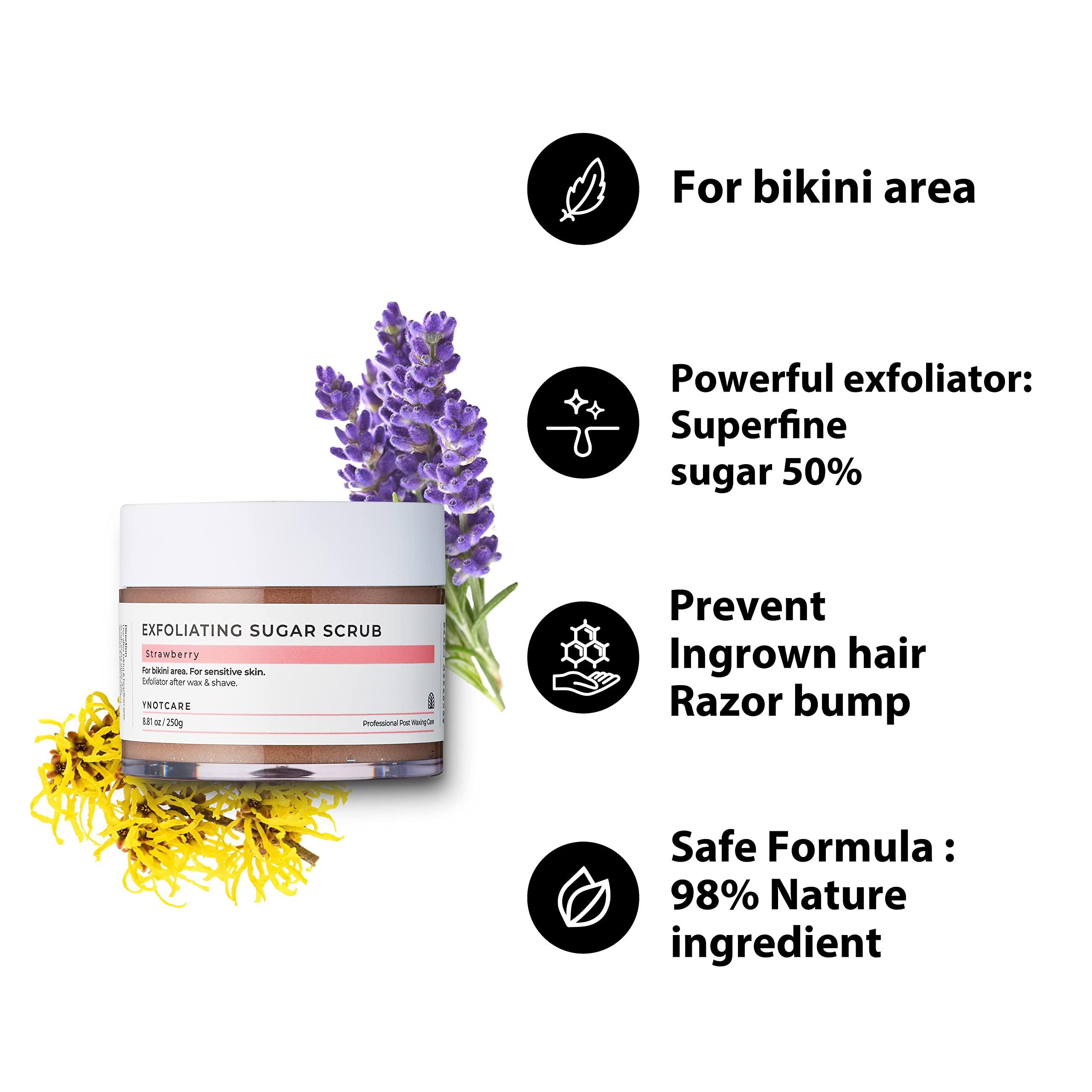 YNOTCARE YNOTCARE Exfoliating Sugar Scrub-For Bikini Intimate Area, Sensitive Skin, Prevent Ingrown Hair and Razor Bumps After Brazilian Wax And Bikini Shave, Strawberry/8.81oz