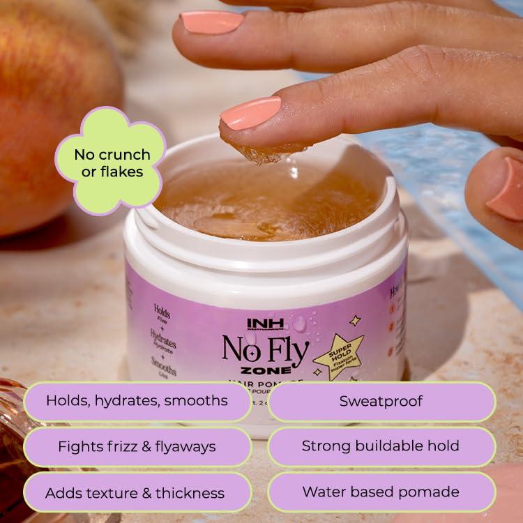 INH INH Hair Pomade for Flyaways | Water Based & Strong Hold Fly Away Hair Tamer | Sweat Proof No Fly Zone Pomade & Texturizer for Styling | Glossy Finish for a Sleek Look | 2oz