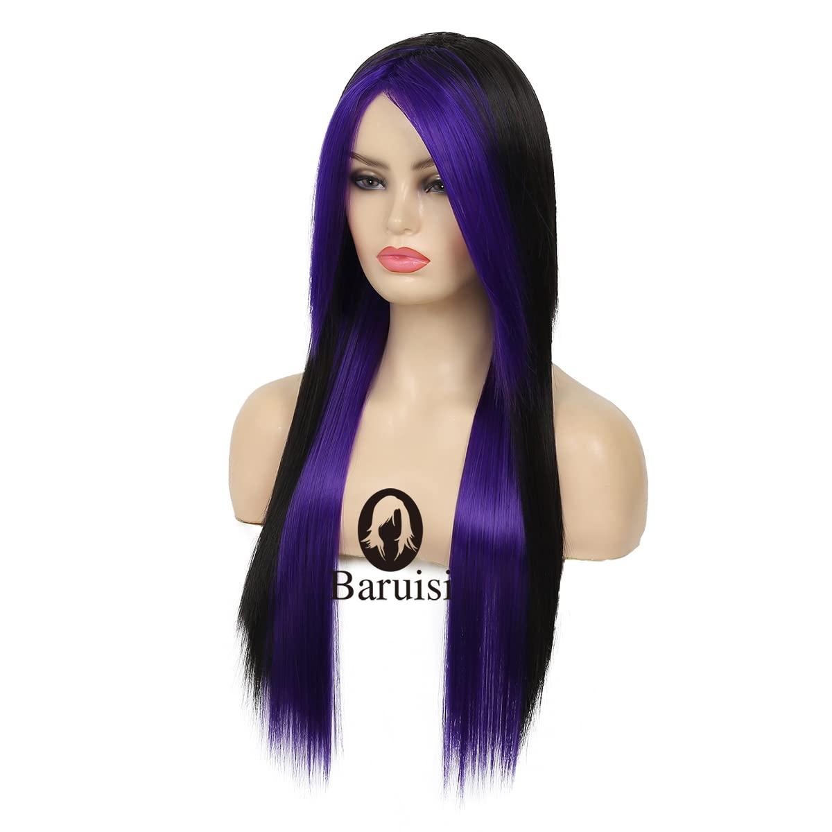 Baruisi Baruisi Long Purple Black Wig Silky Straight Synthetic Heat Resistant Side Bangs Halloween Costume Hair Wigs for Women Girls