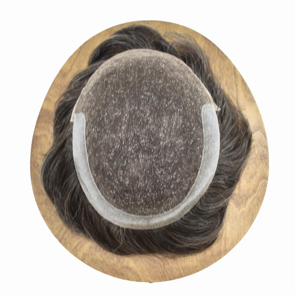 Hair Wonders Hair Wonders Hair System For Men Swiss Lace Men Toupee Hair Piece For Men Lace Front Toupee For Men Real Human Hair Mens Hair Replacement System 7x9-90% light density#240 2# DARKEST BROWN+40% GREY