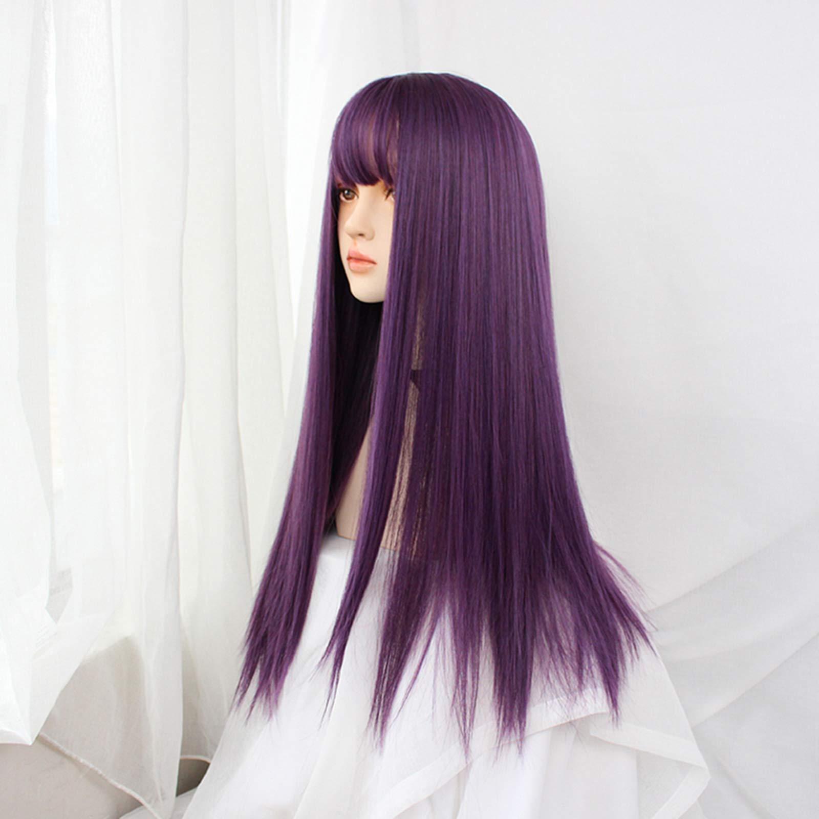 ZXCASDF ZXCASDF Wig Female, Purple Wig Long Hair, Lolita Natural Lifelike Long Straight Hair Harajuku Temperament COS Full Headgear, Breathable And Easy To Wear,Feather purple