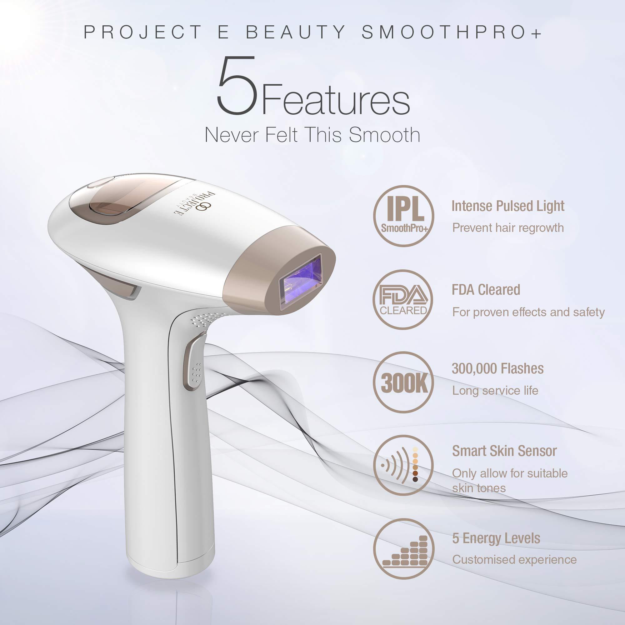 Project E Beauty SmoothPro+ IPL Hair Removal Device by Project E Beauty | Intense Pulsed Light | FDA Cleared | Permanent Hair Reduction | 300,000 Flashes Permanent | Painless | 5 Energy Levels | Stop Hair Regrowth