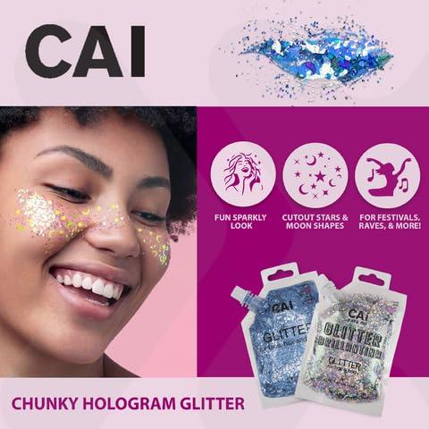 CAI BEAUTY NYC Body Glitter Gel- Face, Body & Hair (1 Pk Violet) Chunky Iridescent Holograph Stars & Moon, 3 oz | Cosmetic-Grade Makeup, Apply Without Glue, Easy to Take Off & Keep Skin Clean - for Concerts, Raves