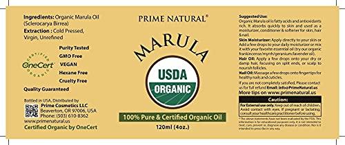 PRIME NATURAL Organic Marula Oil 4oz/120ml - USDA Certified - Cold Pressed, Unrefined, Virgin - 100% Pure, Natural, Vegan, Best for Face, Body, Hair, Nails, Skin Care