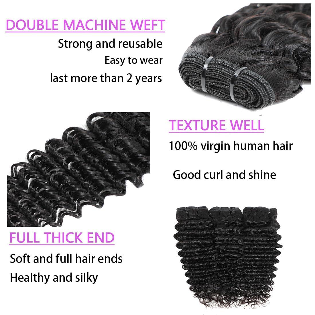 Chikamlty Deep Wave Bundles Human Hair 14 Inch Single Bundle Upgrade Brazilian Virgin Hair Bundles Deep Curly Bundle Water Wave Bundles Deep Wave One Bundle Human Hair for Black Women Natural Black