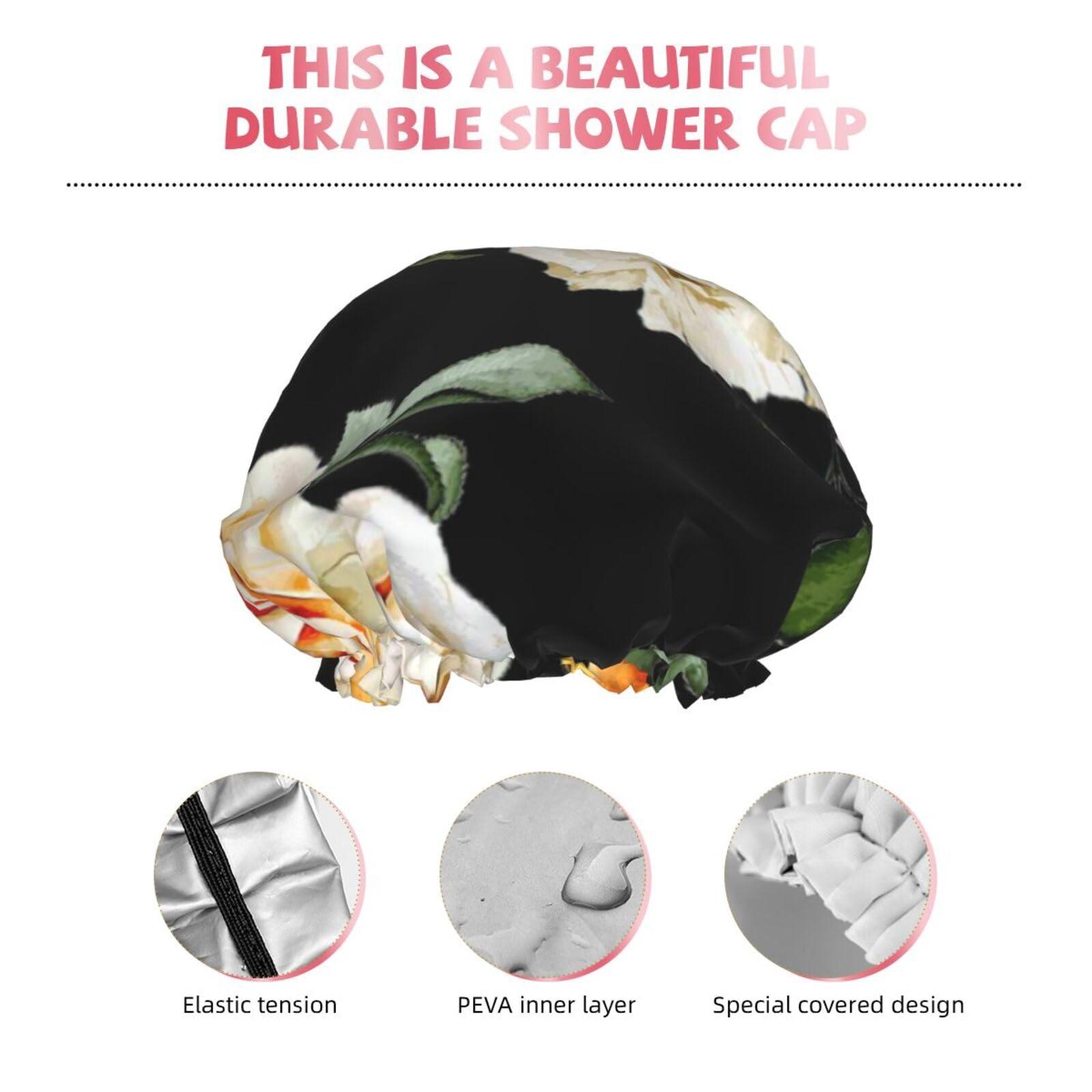 WURTON WURTON Cream Shabby Rose Flower Print Soft Shower Cap for Women, Reusable Environmental Protection Hair Bath Caps