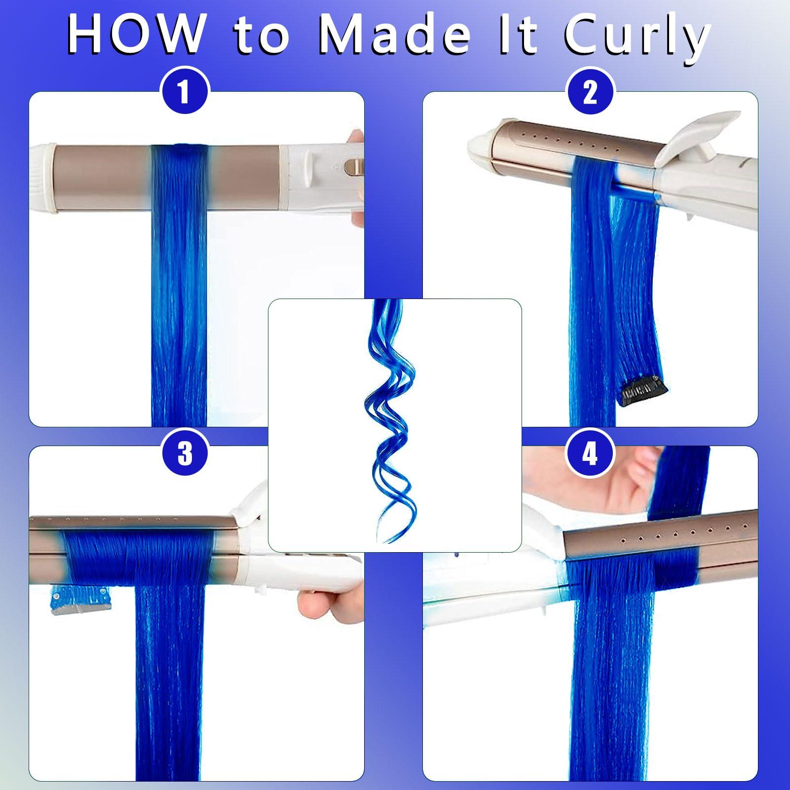 Olldag 12 PCS Blue Hair Extensions Clip in, 20 Inch Colored Hair Extensions Party Highlights Long Straight Synthetic Hairpieces for Women Kids Girls