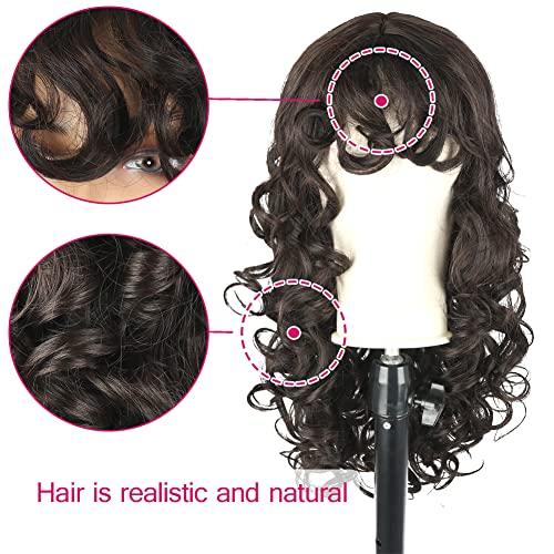 Oseti Oseti Long Brown Curly Wig with Bangs for Women Layered Synthetic Wig Brown Curly Shag Hair Wig with Bangs Cute Kinky Curly Hair Replacement Wigs for Daily Use Party Hallowmas Cosplay Wig