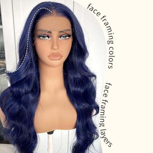 BlackSwern BlackSwern Dark Blue Wig Blue Body Wave Lace Front Wig, Glueless Lace Wig, Pre-plucked Pre-layered Body Wave Wig with Curtain Bangs for Black Women, 24