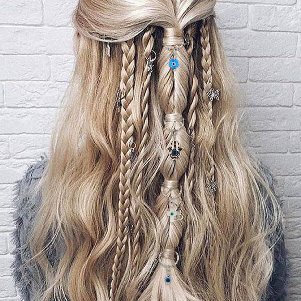 OLYCRAFT OLYCRAFT 24Pcs 4 Styles Evil Eye Braid Hair Clips Hair Braid Rings Cross Round Flower Hamsa Hand Hair Jewelry for Braids Dreadlock Braid Charms Accessories Hair Rings Jewelry for Women Hair Accessory