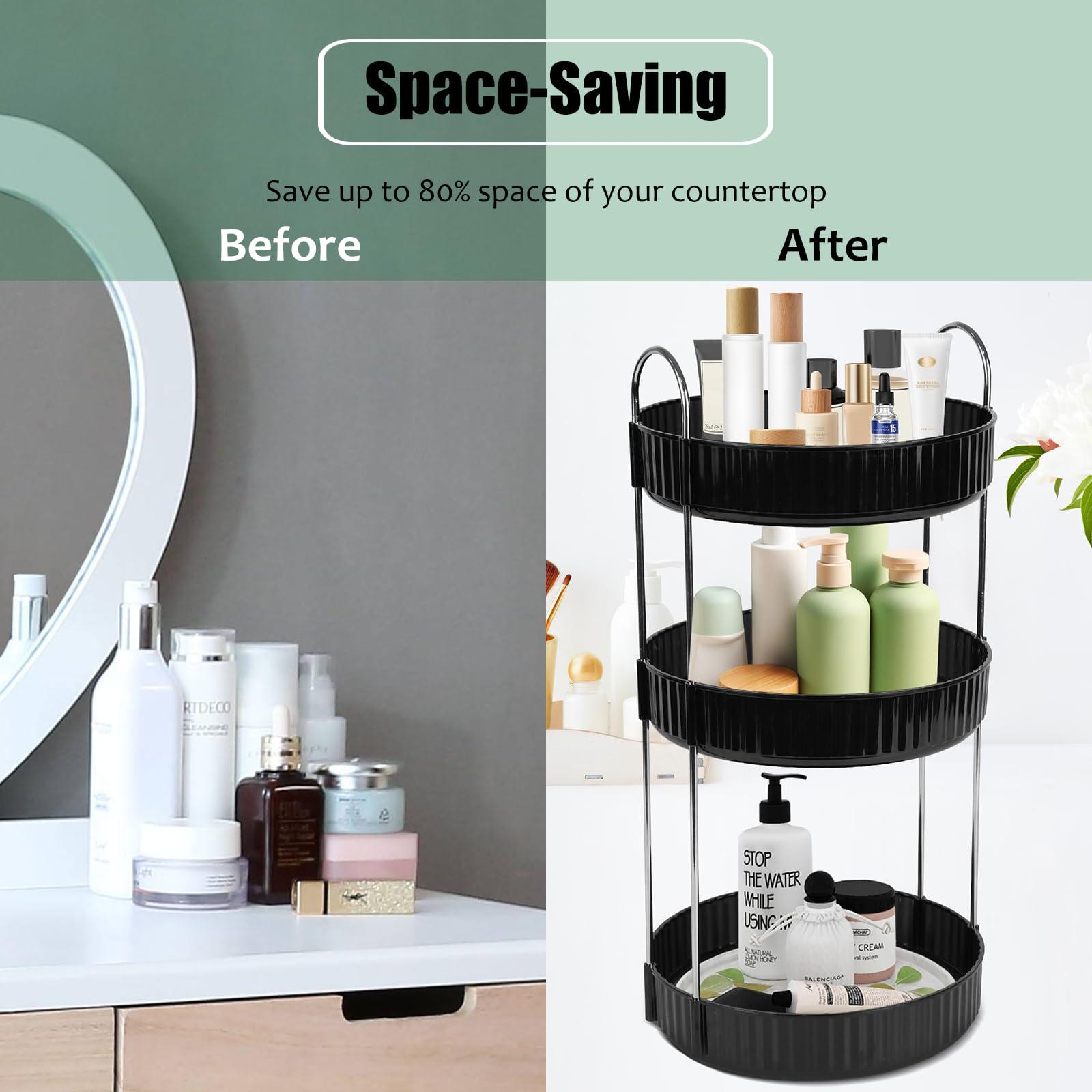 Zufudo Zufudo Rotating Makeup Organizer Countertop 3 Tier Lazy Susan Trays Clear Skincare Perfume Storage for Bathroom Counter Vanity, Amber Gold