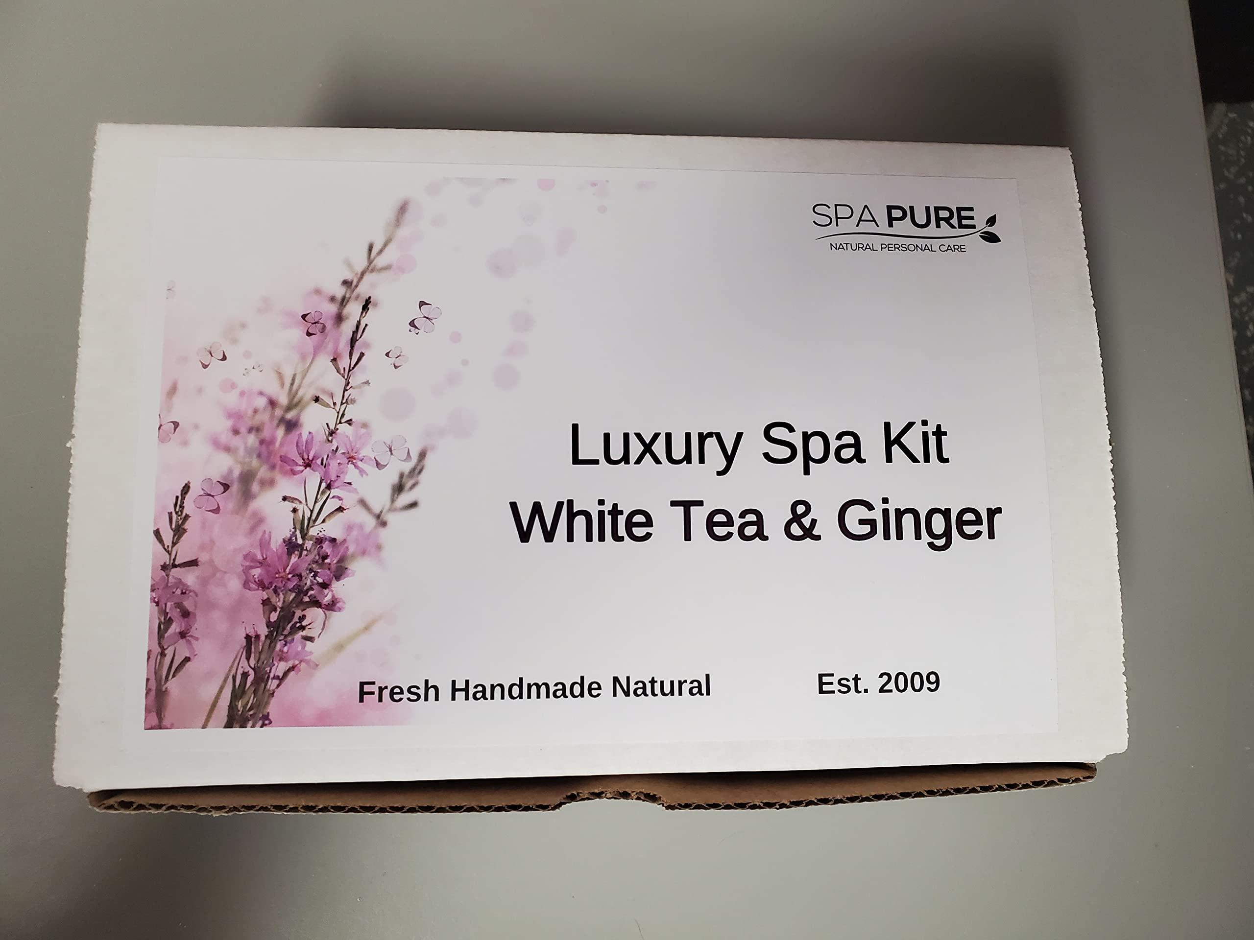 Spa Pure Spa Pure Luxury Spa Kit - 3 XL Bath Fizzies, 2 XL Shower Steamers, 3.5 oz Whipped Soap Scrub, Goat Milk Soap, Shower Gel (White Tea & Ginger)