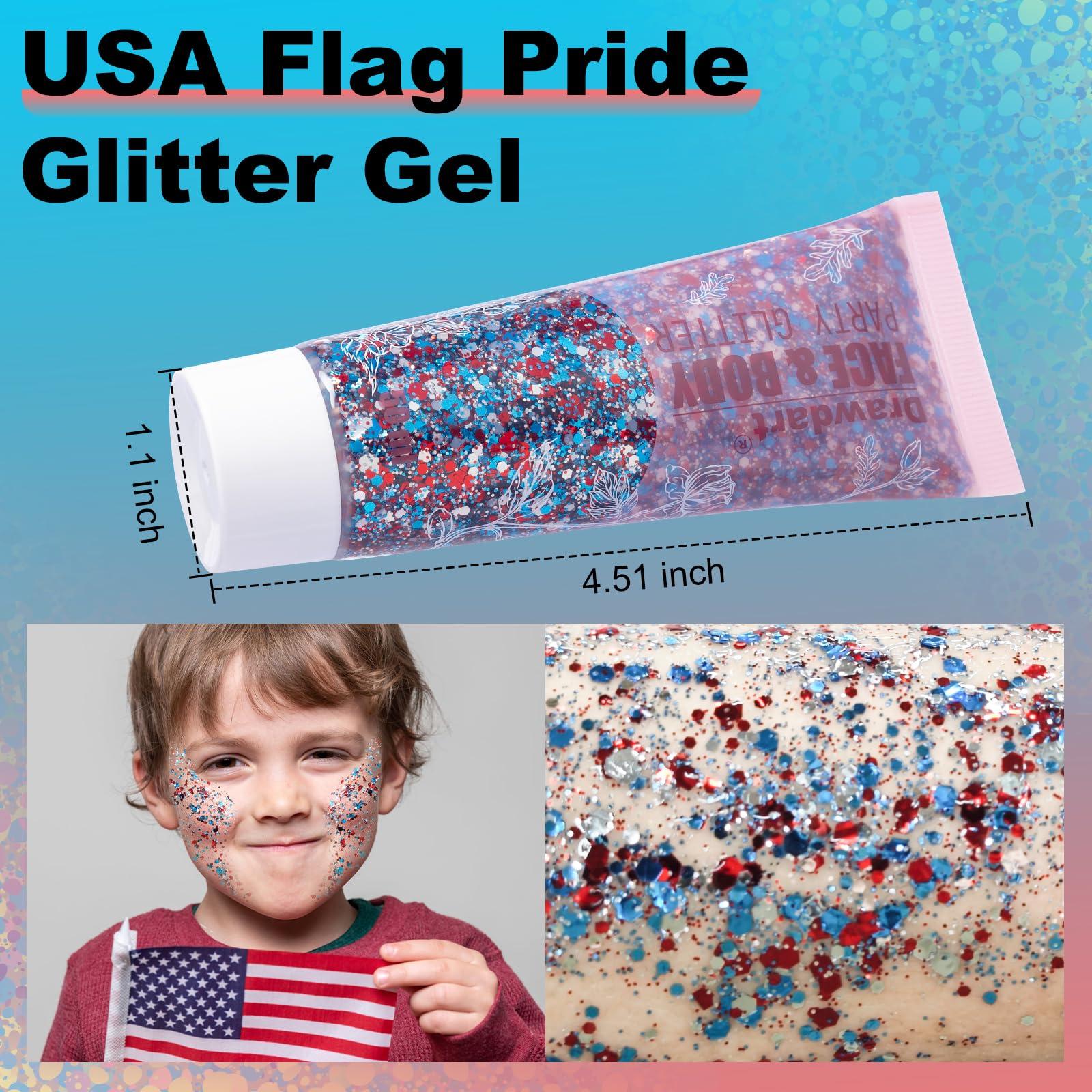 Drawdart Drawdart USA Flag Pride Body Glitter,4th of July Hair Glitter Gel,Festival Rave Glitter Face Makeup,Sparkling Chunky Body Glitters,Independence Day Patriotic Accessories,50ml