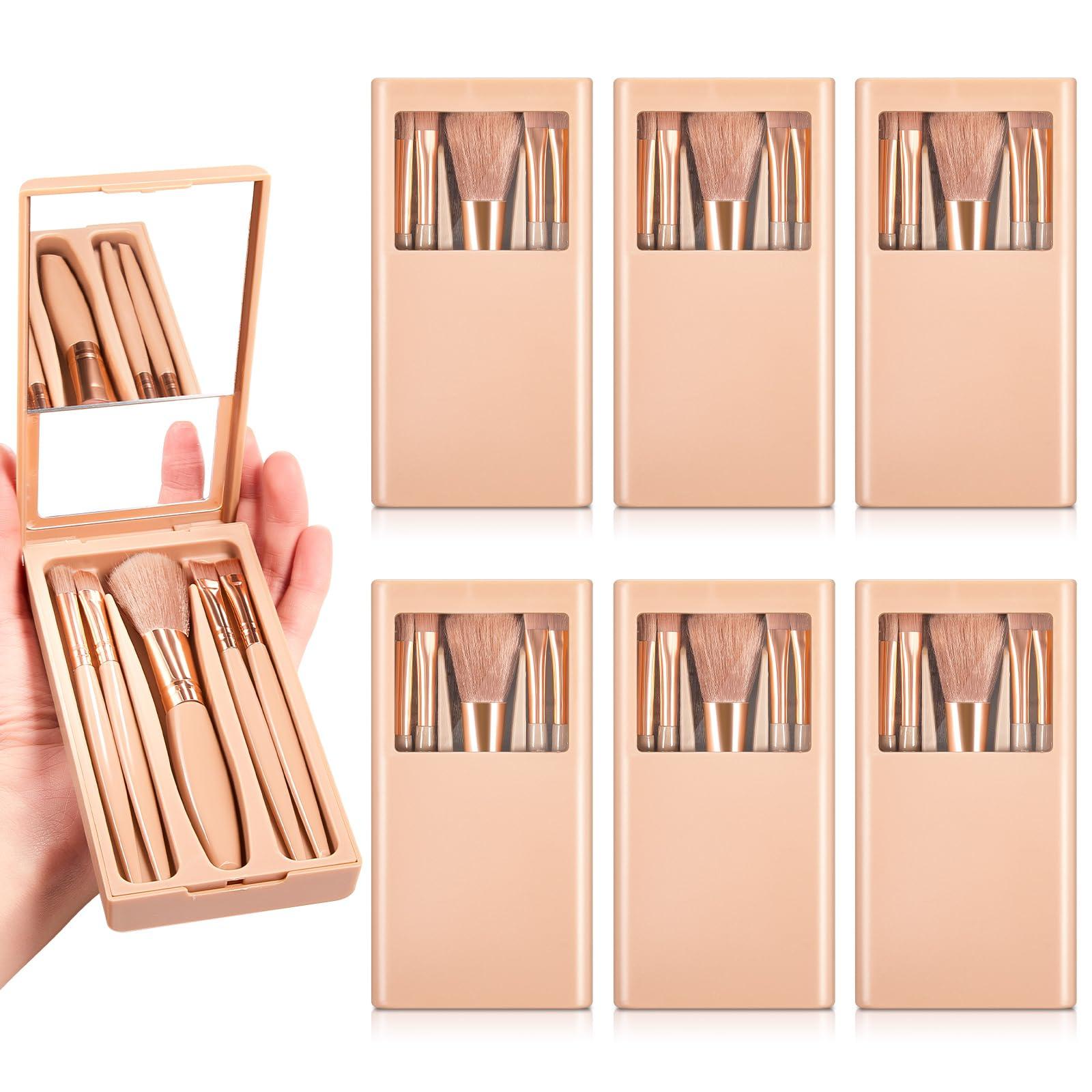 FoldTier 6 Sets 30 Pcs Travel Makeup Brush Set Mini Makeup Brushes with Hard Case and Mirror Small Complete Function Cosmetic Brushes Kit, Travel Essentials Kits for Women, Girls Gift(Apricot Color)