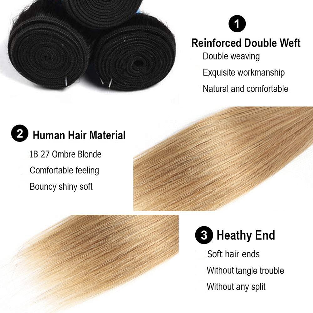 AuokMar 1B/27 Human Hair Bundles Blonde Straight Hunman Hair Bundles 1B27 Color Brazilian Honey Blonde Human hair bundles Ombre Two Tone 3 Bundles Unprocessed Virgin Hair Extensions 16 18 20 Inch