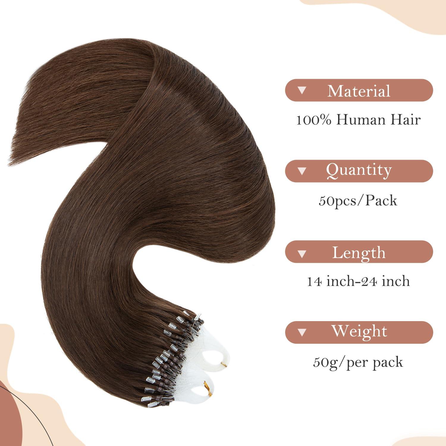 TESSHAIR TESSHAIR 16 Inch Microbead Hair Extensions Human Hair, Micro Ring Hair Extension Beads 100% Real Human Hair for Women, Natural Can be Washed Curled Dyed Permed, 50 Strands 50g #04 Medium Brown