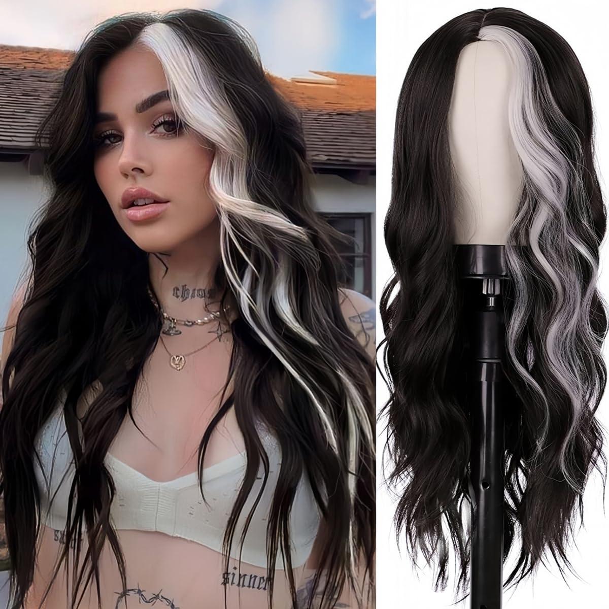 Sabosi Sabosi Long Wavy Black White Wigs for Women 26 Inch Middle Part Curly Wavy Wig Natural Looking Synthetic Heat Resistant Fiber Wig for Daily Party Use