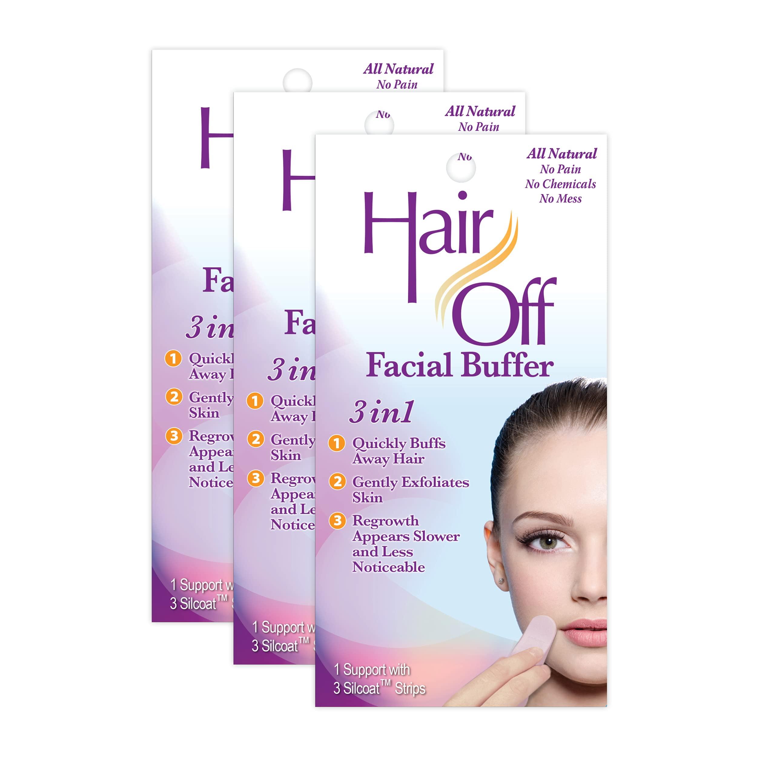 Hair Off Hair Off Facial Buffer - Painless & Chemical Free Facial Hair Remover & Gentle Face Exfoliator - Hair Eraser to Slow Regrowth on Chin, Lip & Cheeks (3 Buffers Per Box, Pack of 3)