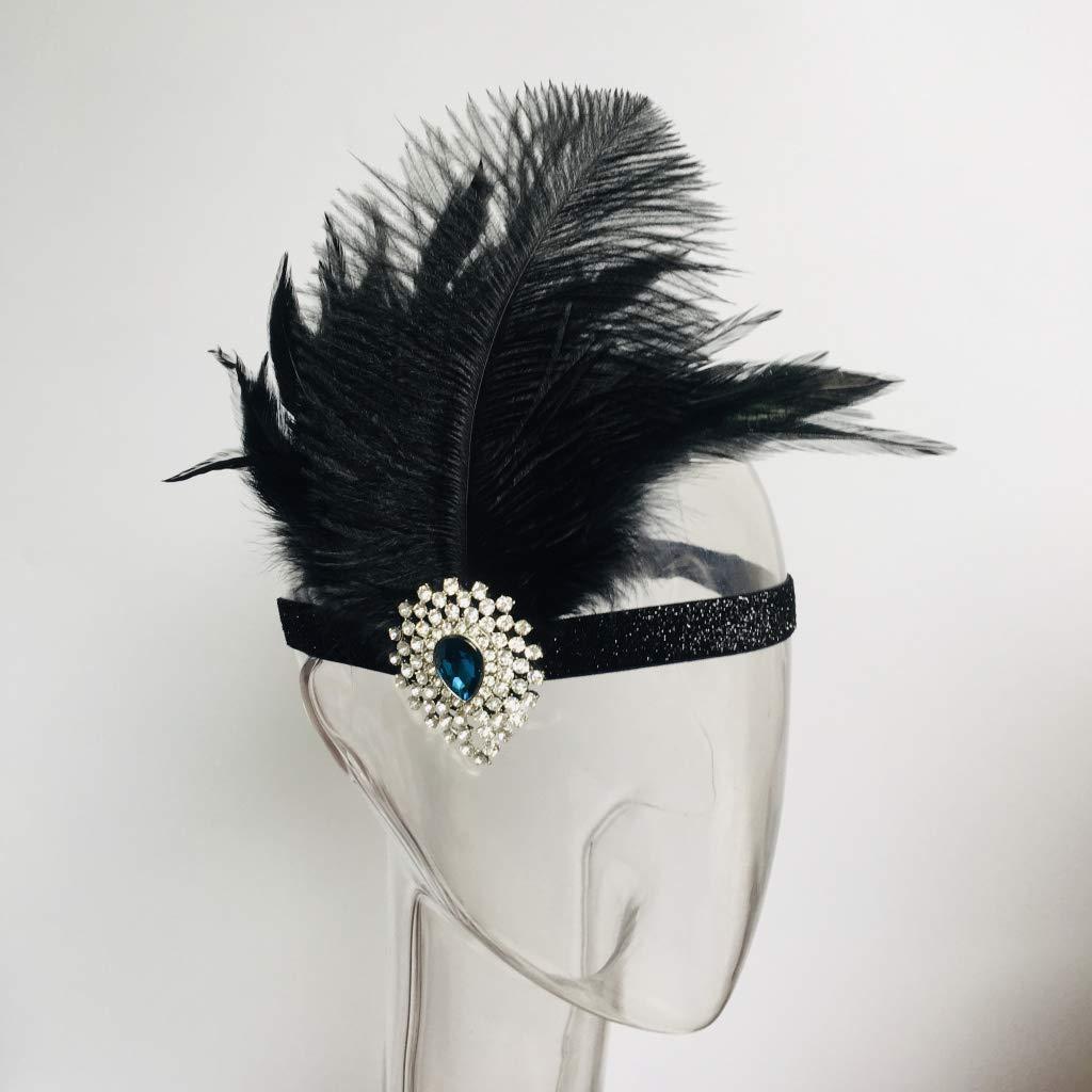 Aimimier Aimimier 1920s Flapper Feather Headband Black Sapphire Crystal Headpiece with Sequins Elastic Band Prom Party Festival Hair Jewelry for Women