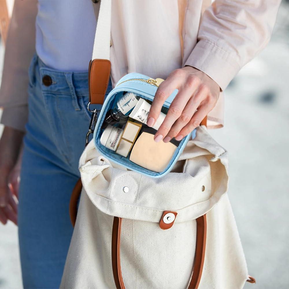 FFpaw FFaw Small Clear Makeup Bag, Nylon Mini Cosmetic Bag Small Makeup Bag for Purse TSA Approved Travel Toiletry Bags with Zipper Cute Makeup Bag Organizer Car Organizer Bag for Women Girls (Blue Mini)