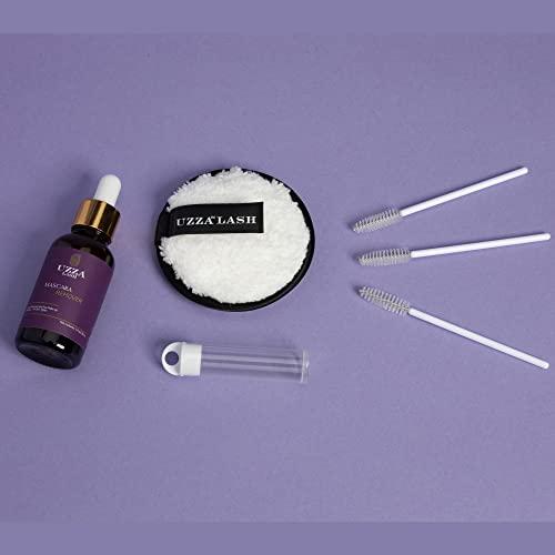 UZZA UZZA Lash Eye Makeup Remover - Waterproof Mascara Remover for Sensitive Eyes - Natural Make up Remover - Hygienic Kit Includes Eyelash Brush, Reusable Pads, Cleanser Liquid 1oz