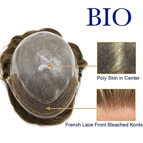 LHC French Lace Front Mens Mens Toupee Hairpiece Gray Hair Replacement Bleached Knot Wigs Poly Thin Skin Hair System For Men (8"x10", #760 Very Light Brown+60%Gray-120% Light to Medium)