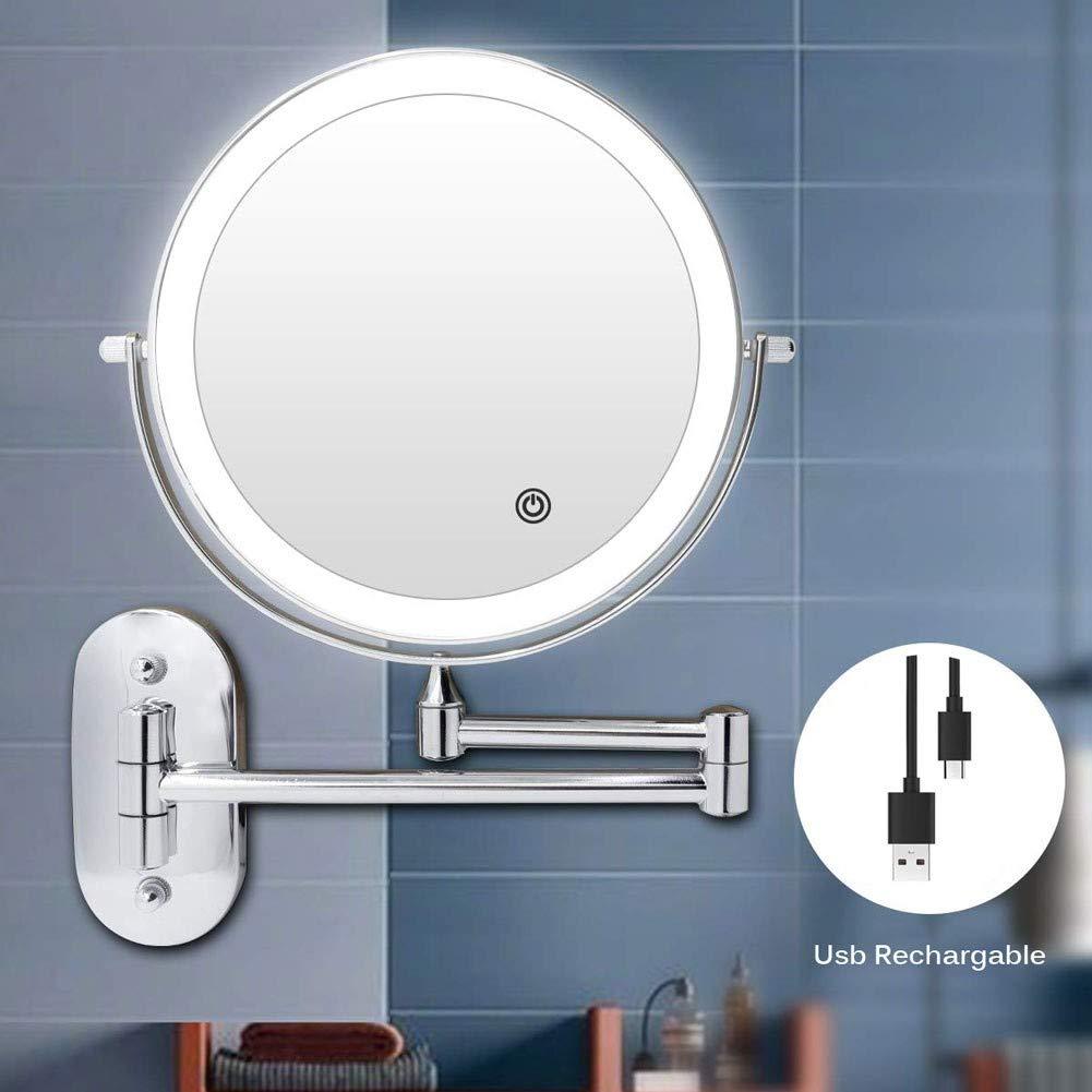 Suuim Wall Mounted Makeup Mirror 5X Magnification Double Sided Folding Led Bathroom Mirror with 3 Color Lights Retractable 360Swivel Illuminated Vanity Mir