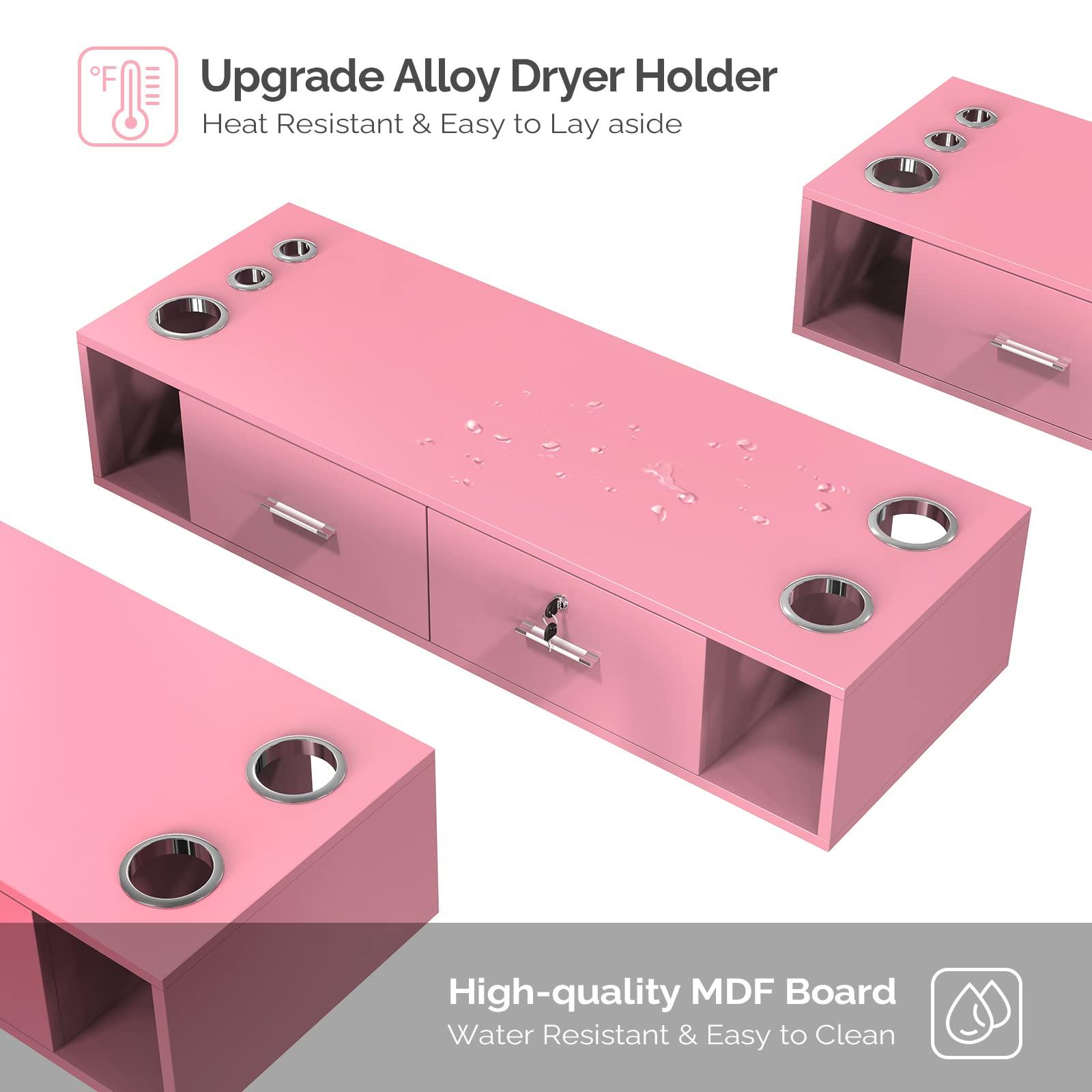 OmySalon OmySalon Locking Wall Mount Styling Station, Beauty Barber Spa Equipment, Salon Cabinet Station for Hair Stylist,Bathroom Dresser with 5 Hair Dryer Holders,Pink