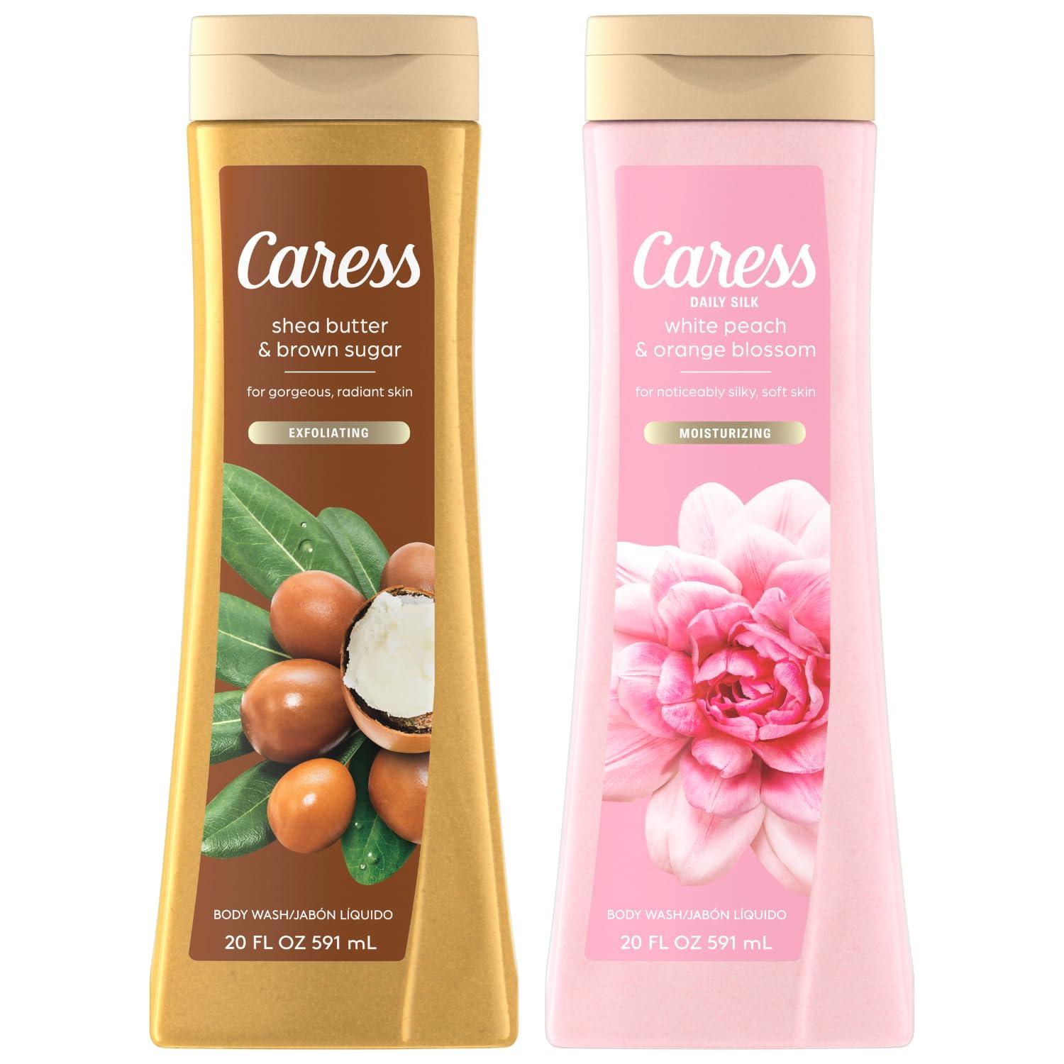 Caress Caress Body Wash Set, Shea Butter & Brown Sugar + Daily Silk White Peach & Orange Blossom Moisturizing Body Wash for Gorgeous, Radiant Skin, Body Soap Liquid Set, 20 Fl Oz (2 Piece Set)