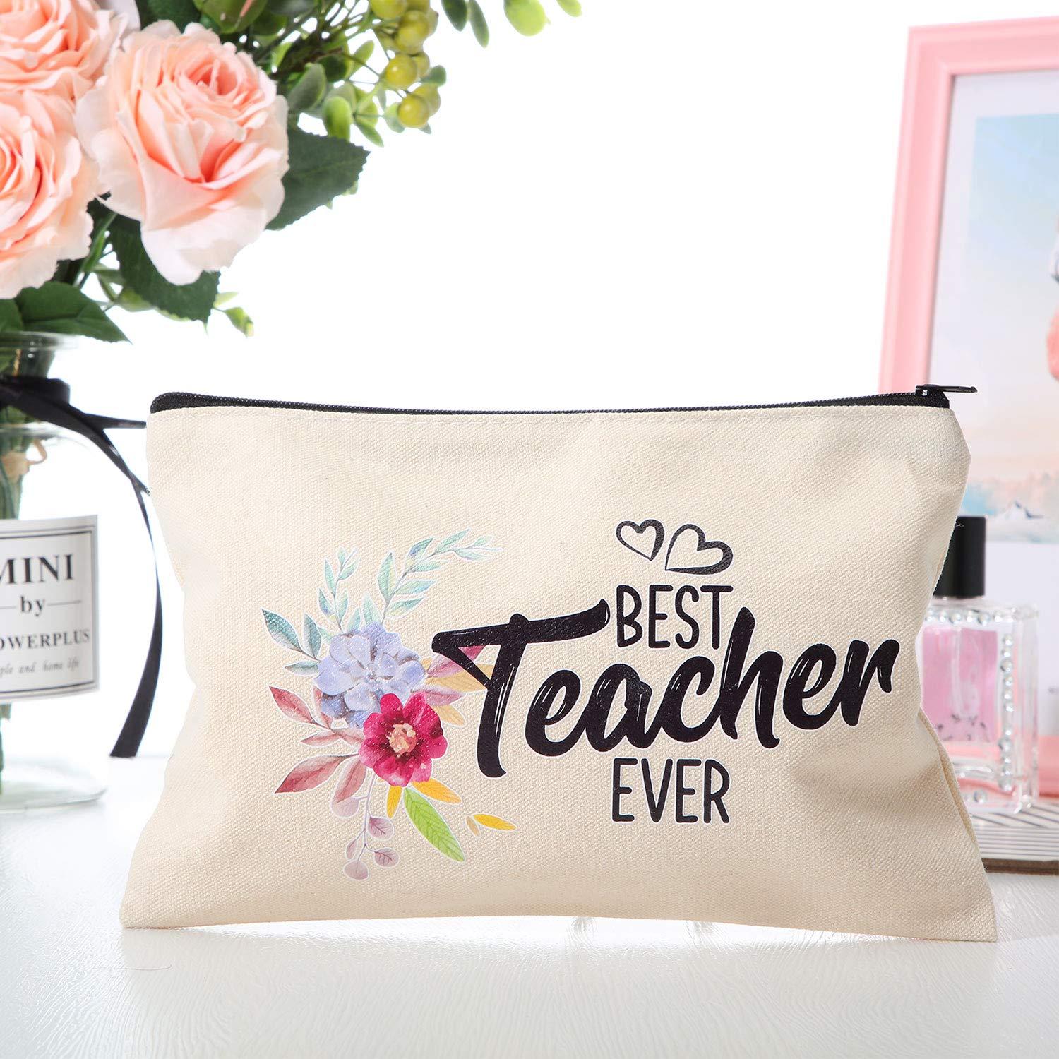Frienda 12 Pieces Teacher Makeup Pouch Canvas Cosmestic Bag with Zipper Cosmetic Purse Travel Toiletry Case for Teacher Appreciation Gift (ColorfulFlower Pattern)
