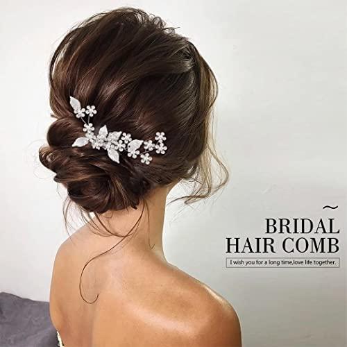 Latious Latious Pearl Bride Wedding Hair Comb Silver Crystal Flower Bridal Hair Clip Leaf Hair Piece Hair Accessories for Women and Girls